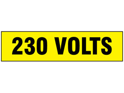 VML230C Caution 230 volts symbol and text safety label, volts label, 13x55 mm, Self adhesive vinyl., etiqueta, ضع الكلمة المناسبة, метка